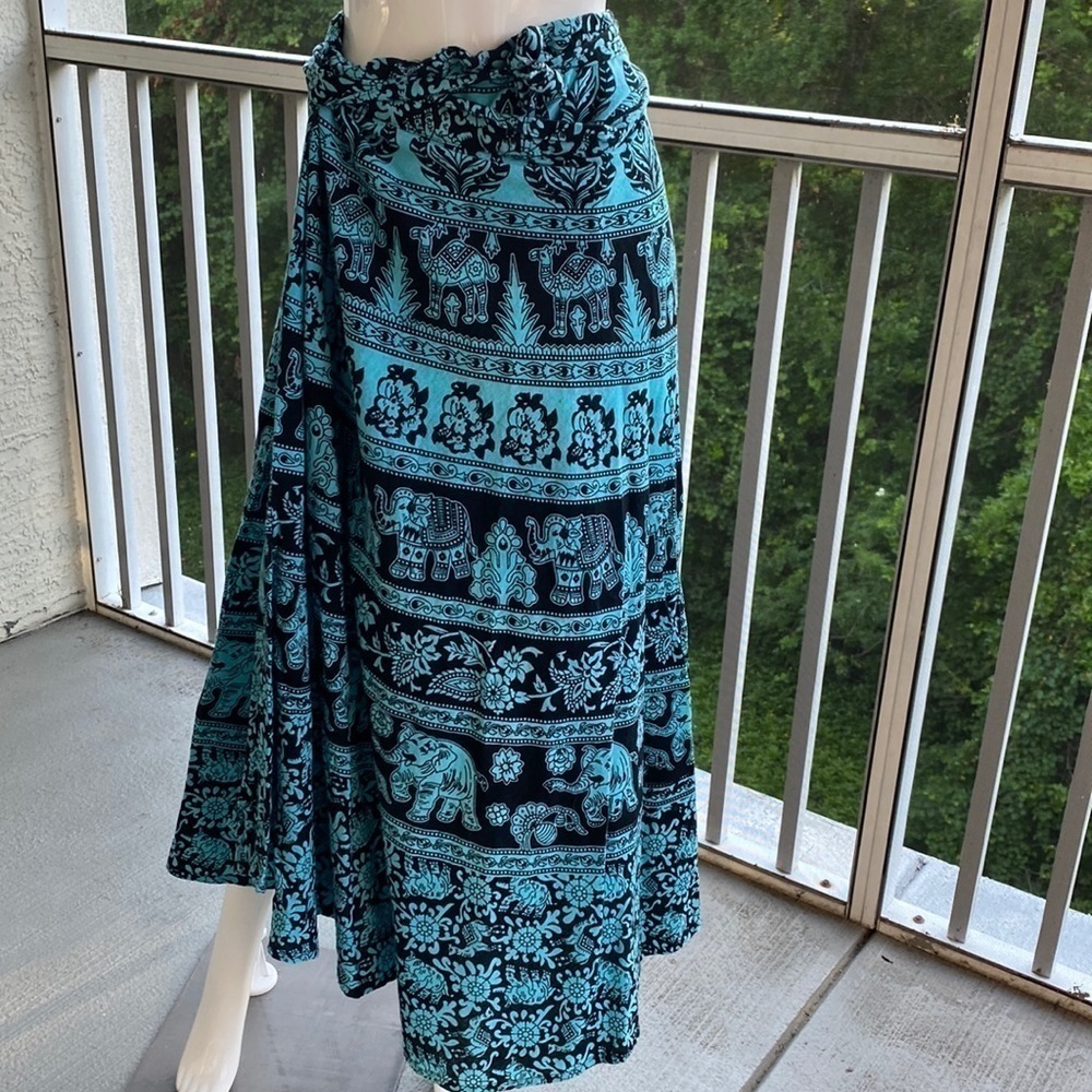 Boho Elephant Turquoise & Black Wrap Skirt One Size